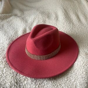 Elegant Red Women's Hat with Embellished Band